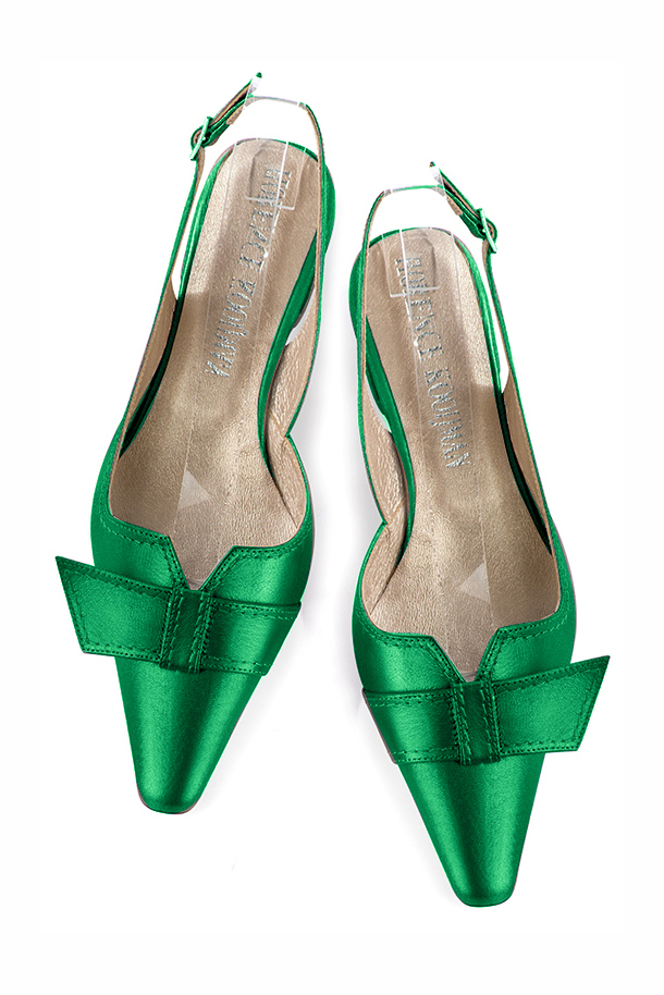 Emerald green women's open back shoes, with a knot. Tapered toe. Low block heels. Top view - Florence KOOIJMAN